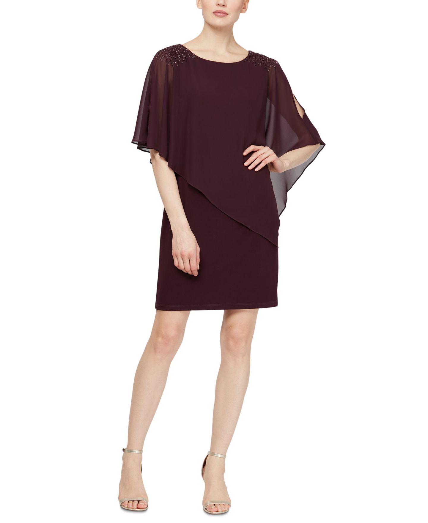 Женское платье SL Fashions Embellished Overlay Shift, цвет: Баклажановый — фото 1