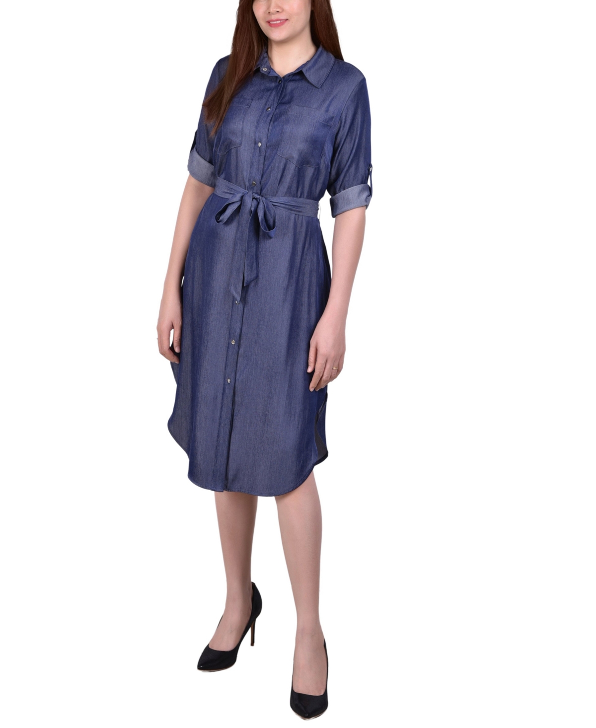 NY COLLECTION WOMEN'S 3/4 ROLL TAB SLEEVE DENIM BELTED SHIRT DRESS
