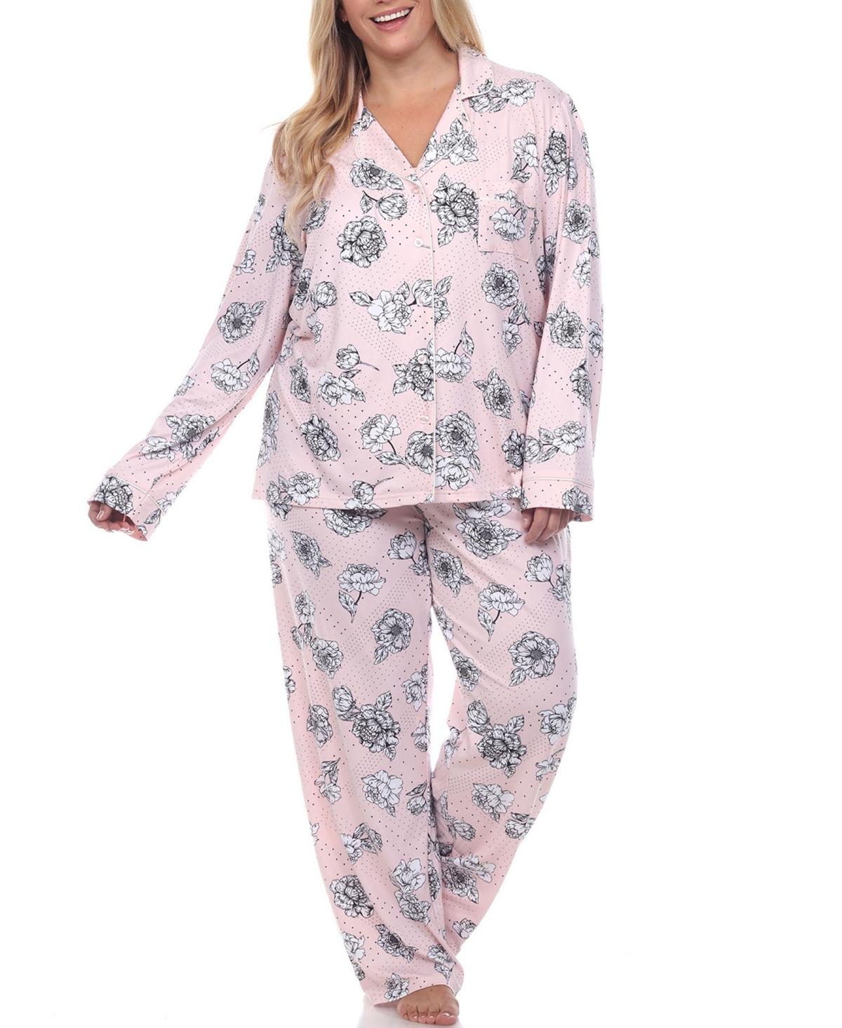 Plus Size Long Sleeve Floral Pajama Set, 2-Piece - Gray Flower