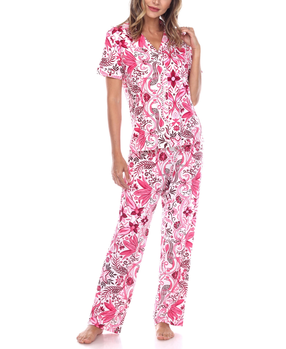 Shop White Mark Women's Short Sleeve Pants Tropical Pajama Set, 2-piece In White,pink