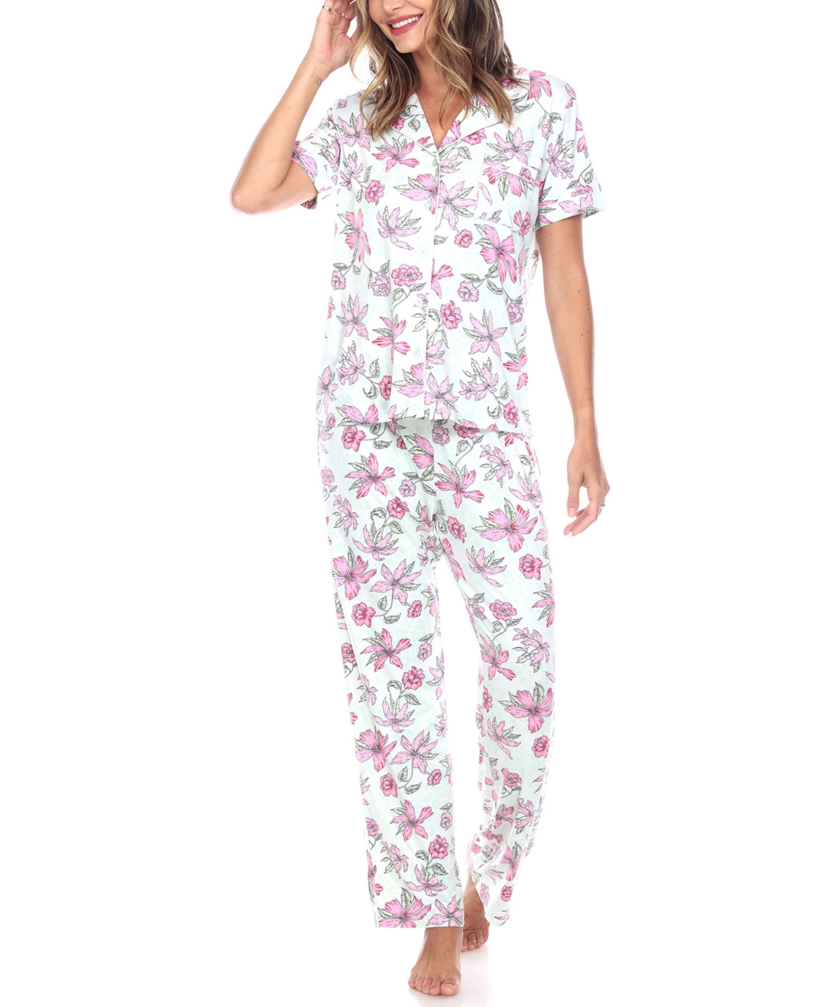Shop White Mark Women's Short Sleeve Pants Tropical Pajama Set, 2-piece In Mint,pink