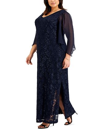 Connected Plus Size Sheer-Sleeve Lace Gown - Macy's