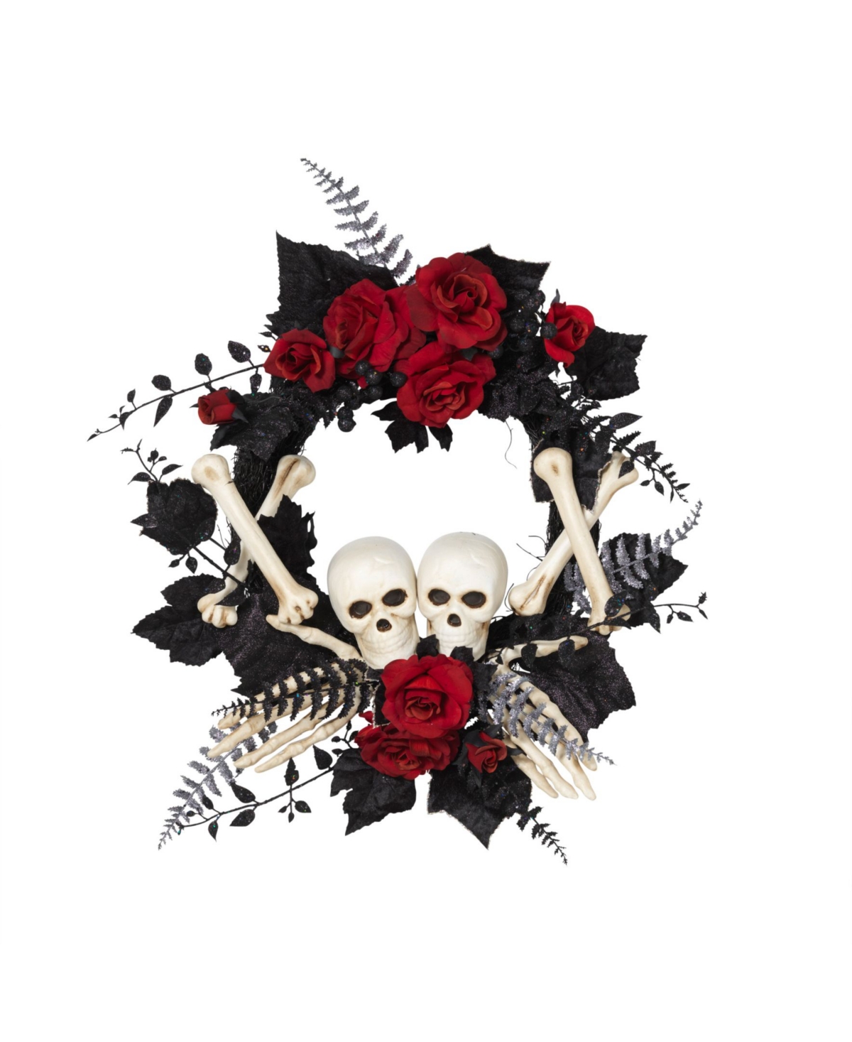 Halloween Skeleton and Roses Wreath, 24" - Black