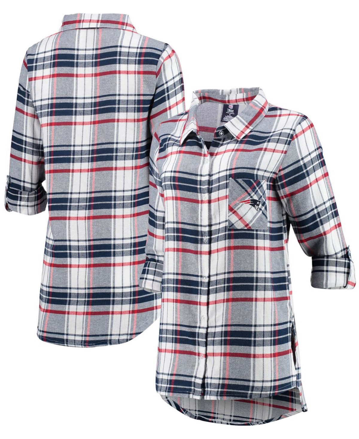 Concepts Sport Women's Navy, Red New England Patriots Accolade Flannel Long Sleeve Button-up Nightshirt In Navy,red