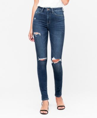 Women's High Rise Knee Distressed Skinny Jeans - Dark Blue - Size 25