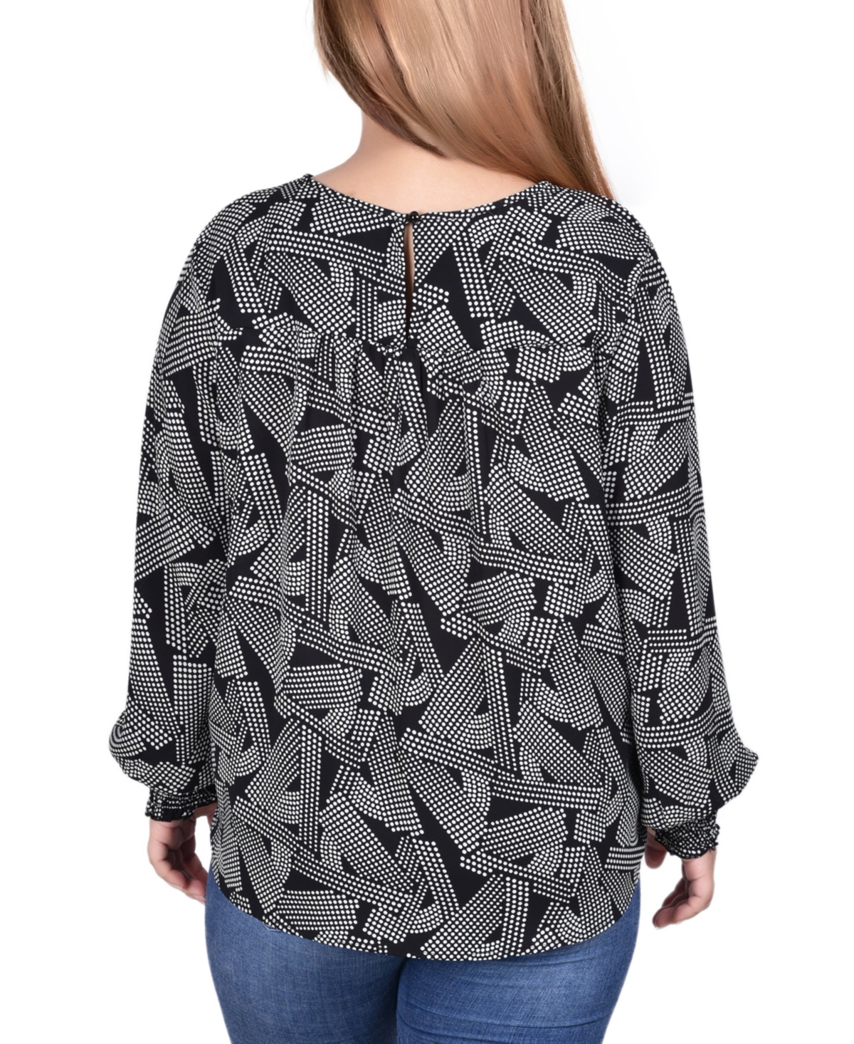 Ny Collection Plus Size Long Sleeve Blouse With Neckline Cutout -White Geo
