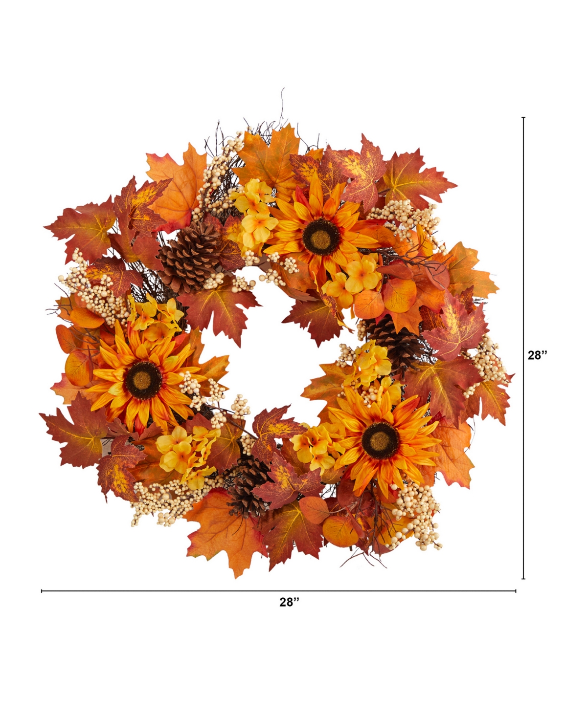 NEARLY NATURAL 28" AUTUMN MAPLE LEAVES, SUNFLOWER, WHITE BERRIES AND PINECONES ARTIFICIAL FALL WREATH 