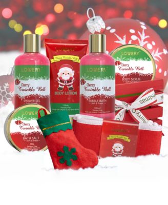 Cherry Twinkle Bell Christmas Gift Set, Bath and Body Care Package, 8 Piece