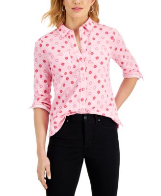Charter Club - Three-Quarter Sleeve Polka Dot Buttoned Top