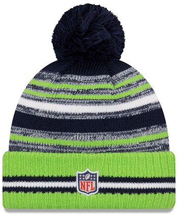 New Era - Youth Navy/Neon Green Seattle Seahawks 2021 Sideline Sport Pom Cuffed Knit Hat