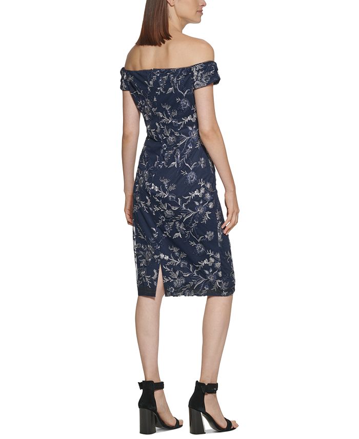 Adrianna Papell Women's Off The Shoulder Embroidered Gown Blue Size 14