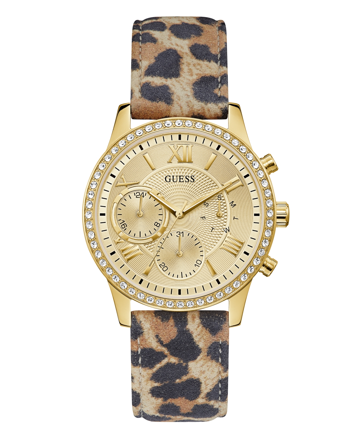 GUESS Women's Gold-Tone Glitz Animal Print Genuine Leather Strap  Multi-Function Watch, 40mm & Reviews - All Watches - Jewelry & Watches -  Macy's