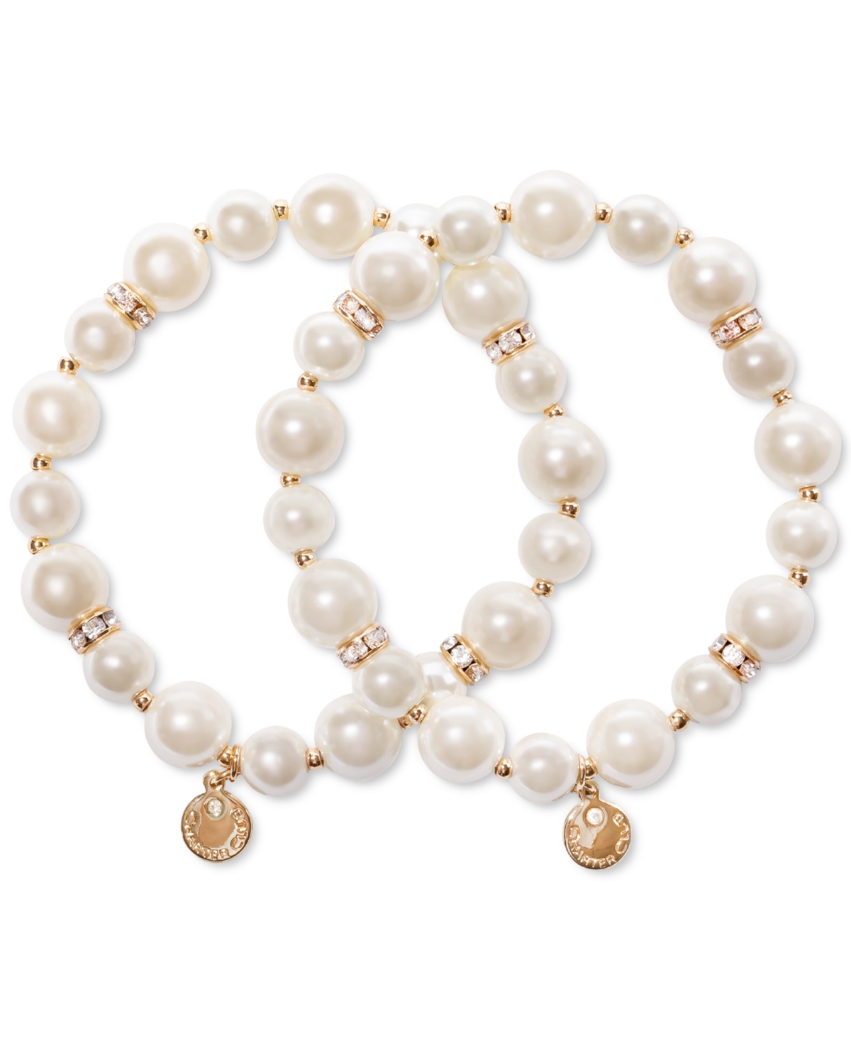 Gold-Tone 2-Pc. Set Pave Rondelle & Imitation Pearl Beaded Stretch Bracelets, Created for Macy's - White