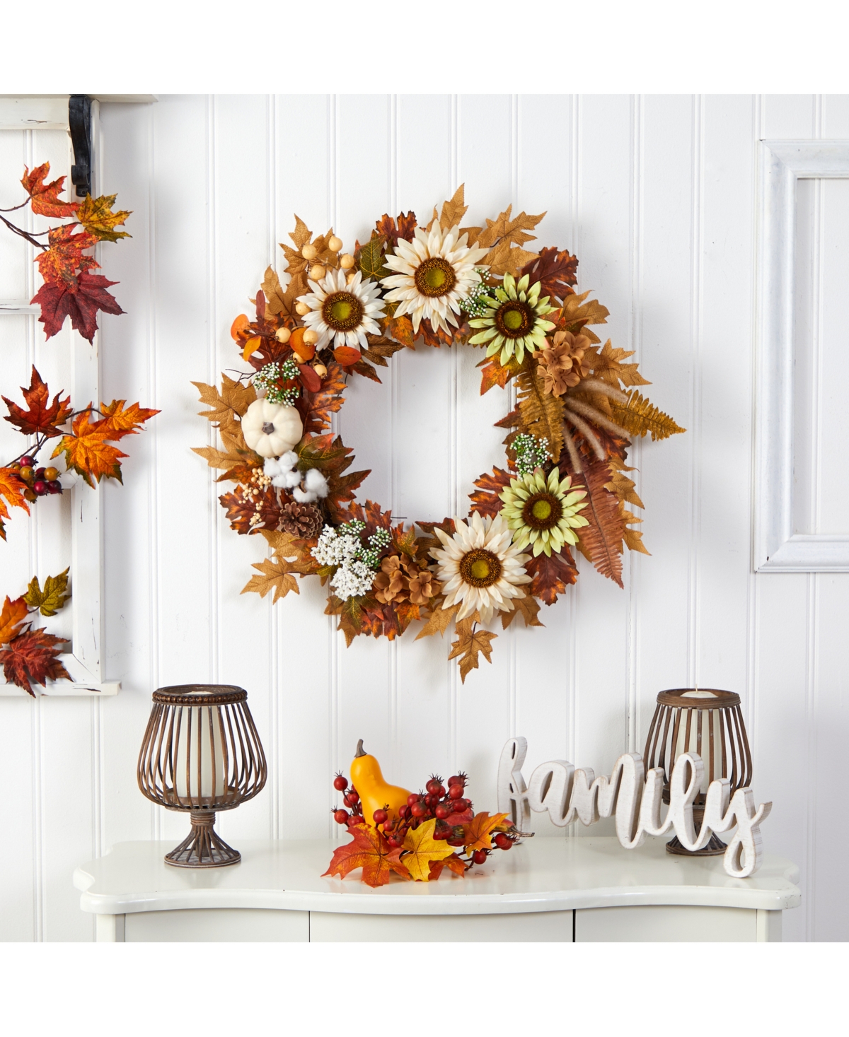 Nearly Natural 30" Autumn Sunflower, White Pumpkin And Berries Artificial Fall Wreath In Orange