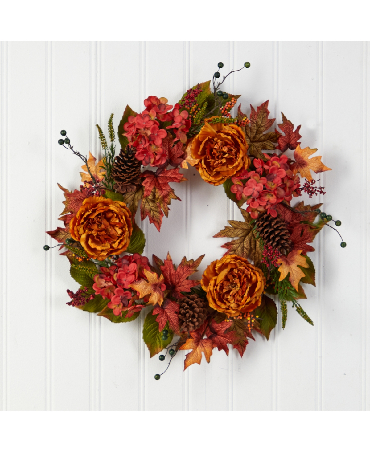 Nearly Natural 25" Fall Ranunculus, Hydrangea And Berries Autumn Artificial Wreath In Orange