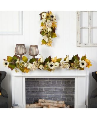5' Fall Sunflower, Hydrangea and White Pumpkin Artificial Autumn Garland