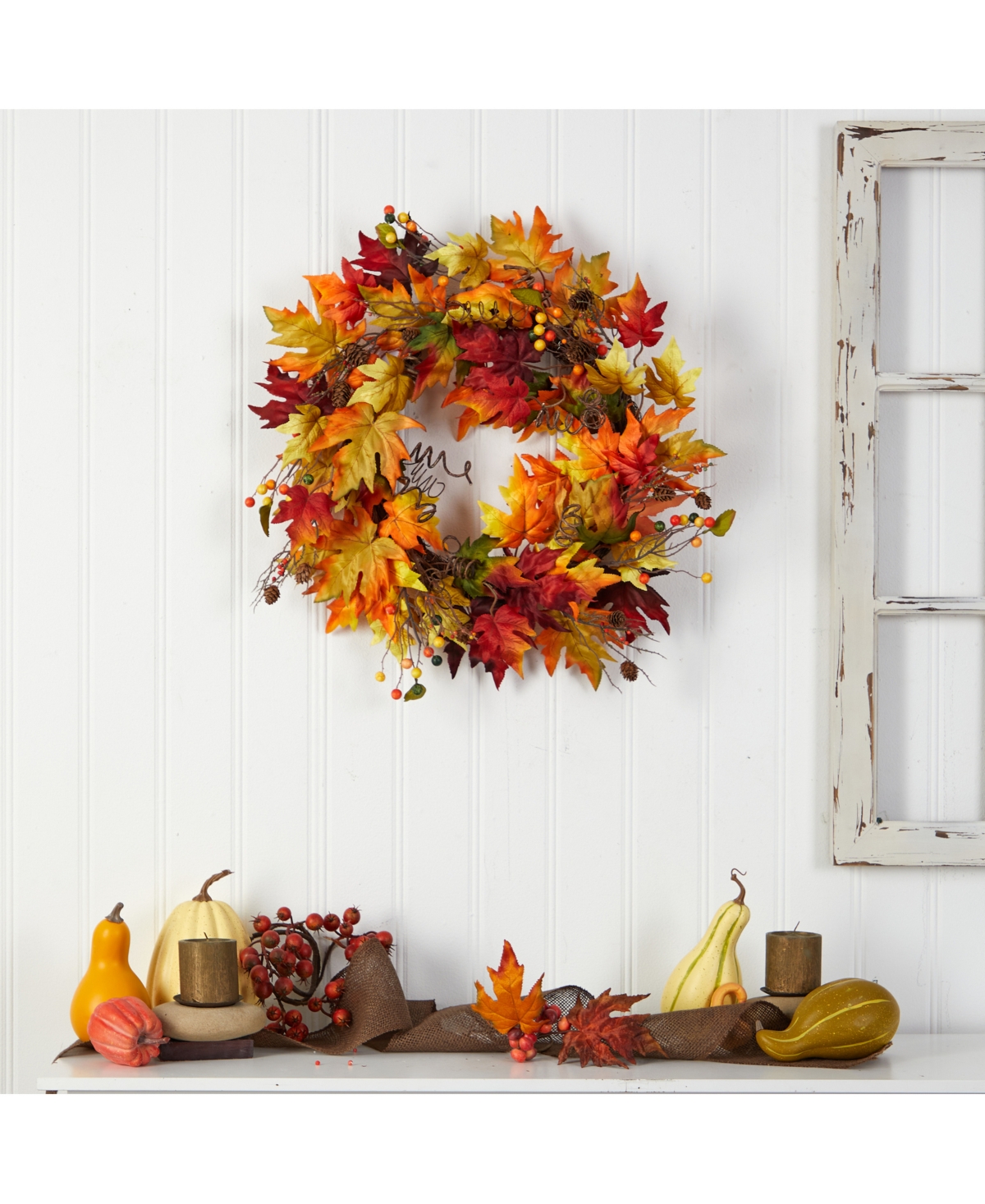 Autumn Maple Leaf and Berries Artificial Fall Wreath with Twig Base