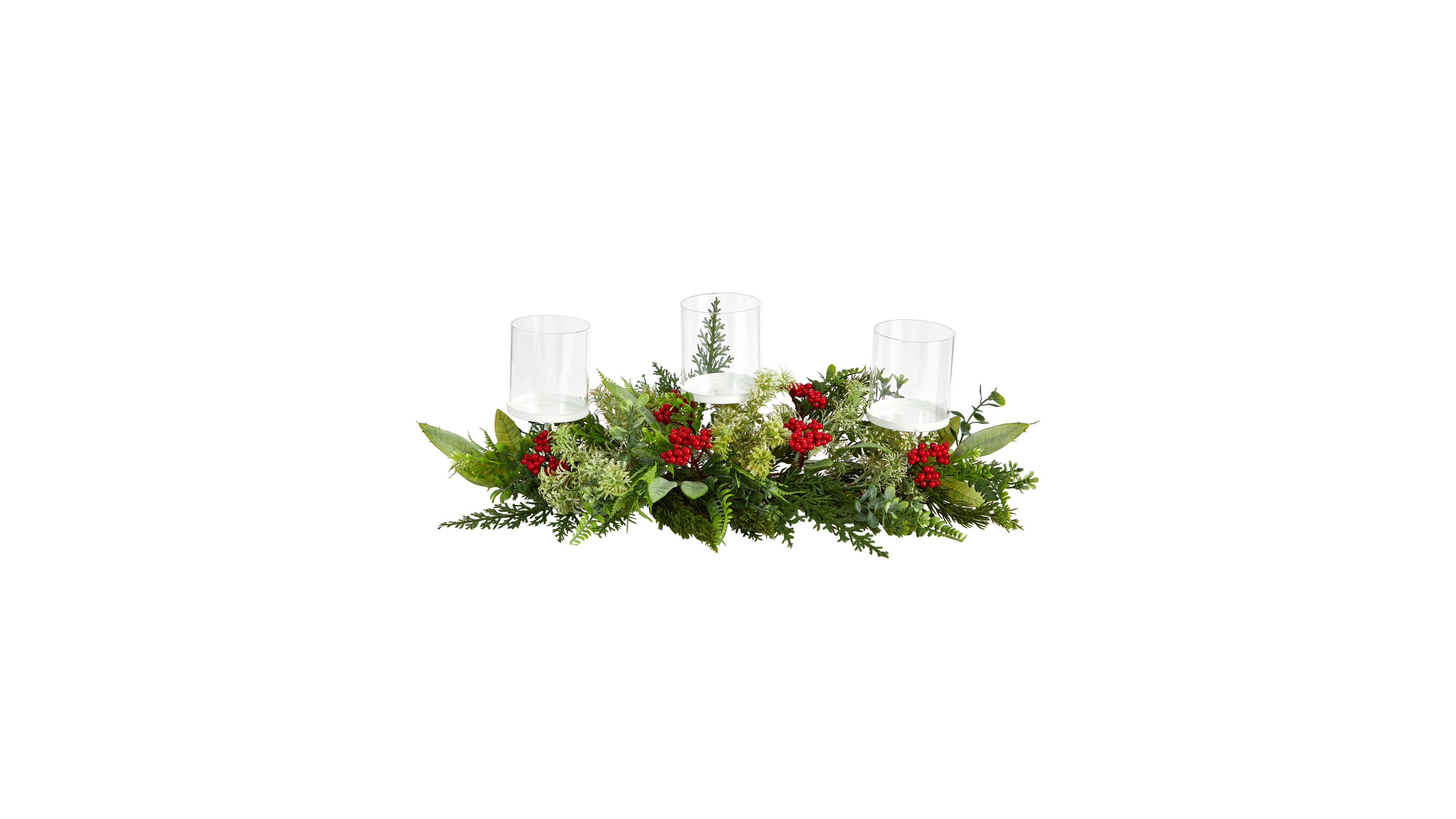 Holiday Winter Greenery and Berries Triple Candle Holder Artificial Christmas Table Arrangement, 20"