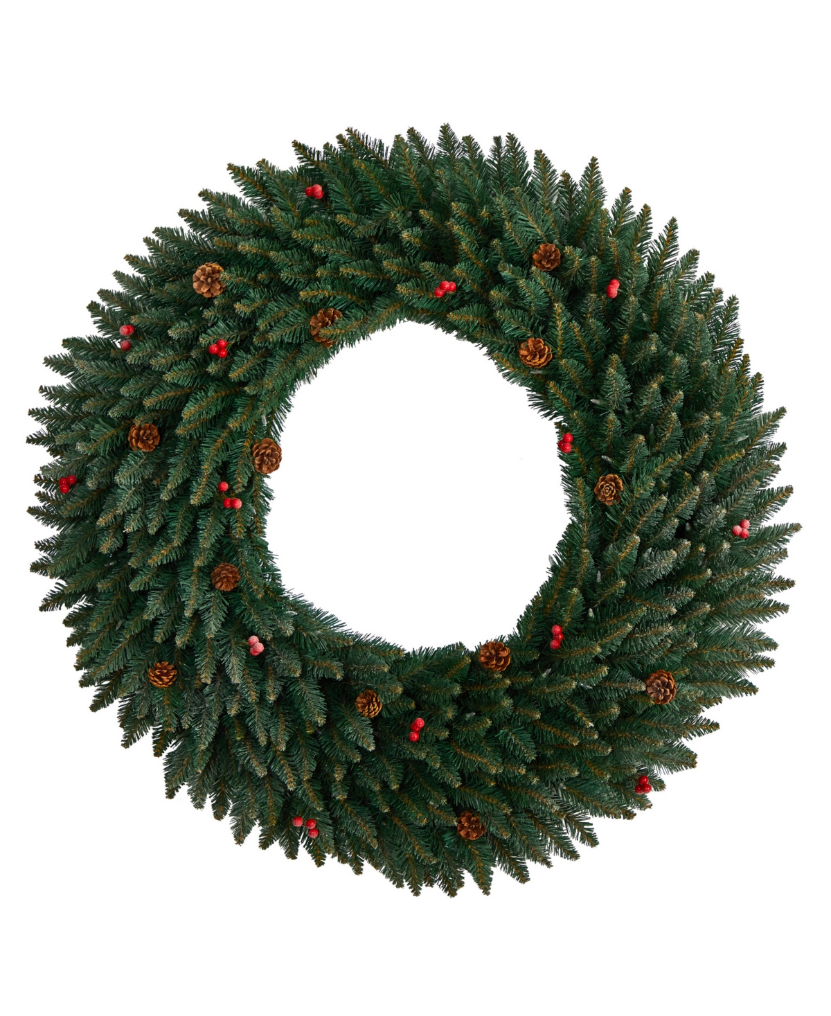 Large Flocked Artificial Christmas Wreath with Pinecones, Berries, 150 Clear Led Lights and 400 Bendable Branches, 4'