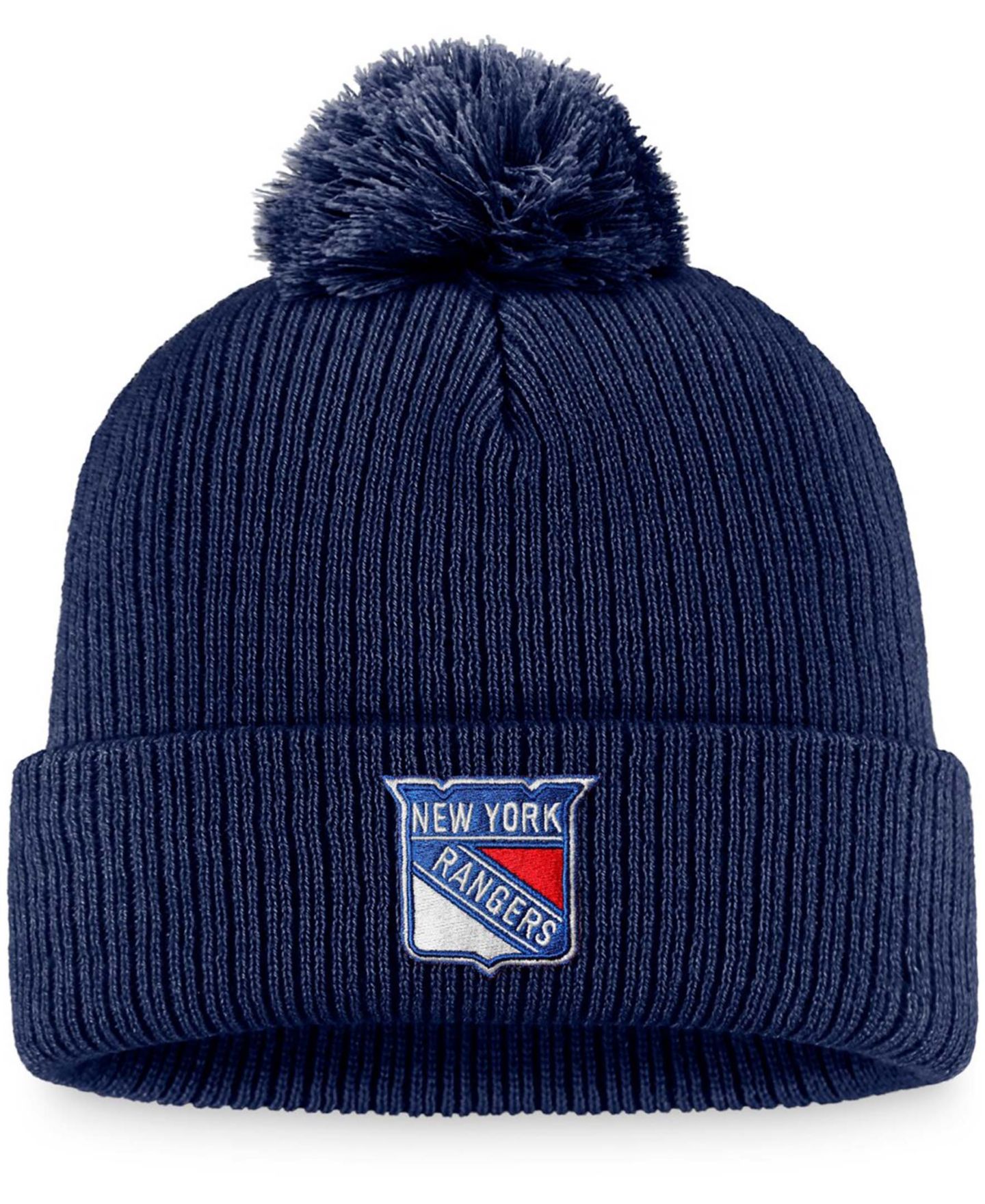 Мужская шапка Fanatics Navy New York Rangers Core Primary Logo Cuffed Knit Hat with Pom — фото 1