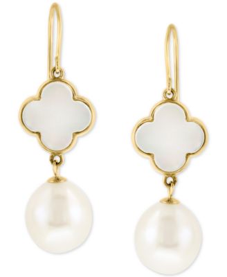 EFFY&reg; Mother-of-Pearl & Freshwater Pearl (9-1/2mm) Drop Earrings in 14k Gold