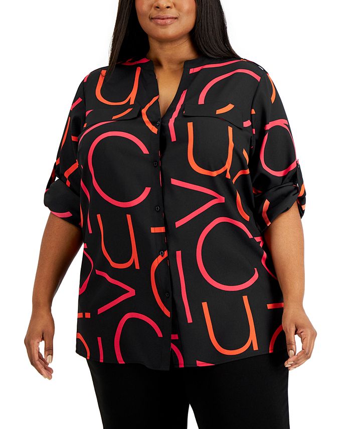 Calvin Klein Plus Size Printed Button-Down Shirt & Reviews - Tops - Plus  Sizes - Macy's
