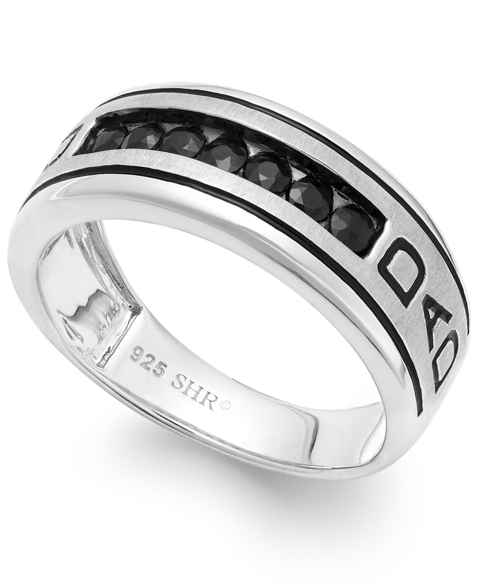 Mens Black Sapphire Engraved Dad Ring in Sterling Silver (3/4 ct. t.w