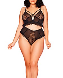 Kendal Plus Size 2 Piece Mesh and Lace Ruffle Bralette and Pant Set