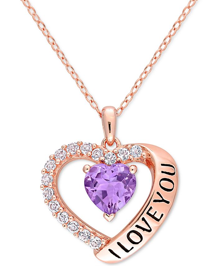 Amethyst (1 ct. t.w.) & White Topaz (5/8 ct. t.w.) I Love You 18 Heart  Pendant Necklace in 18k Rose Gold-Plated Sterling Silver