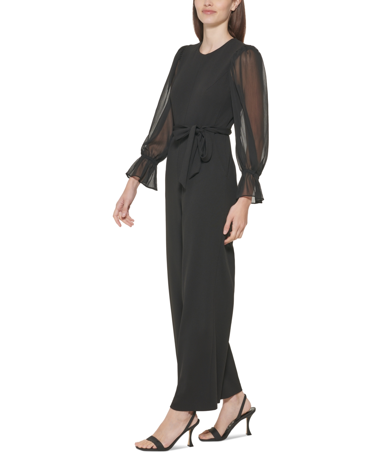 Calvin Klein Crewneck Chiffon Flare-Leg Jumpsuit -Black