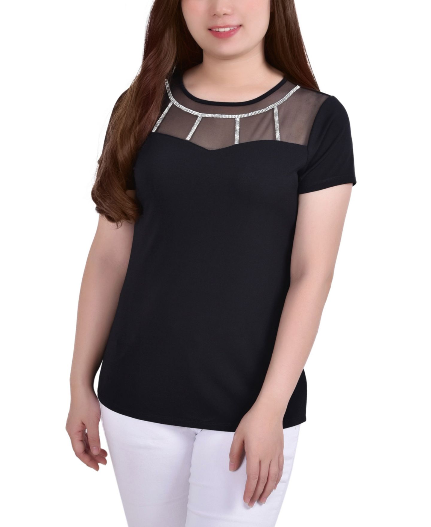 Женский топ NY Collection Petite Short Sleeve Crepe Knit, цвет: Чёрный — фото 1