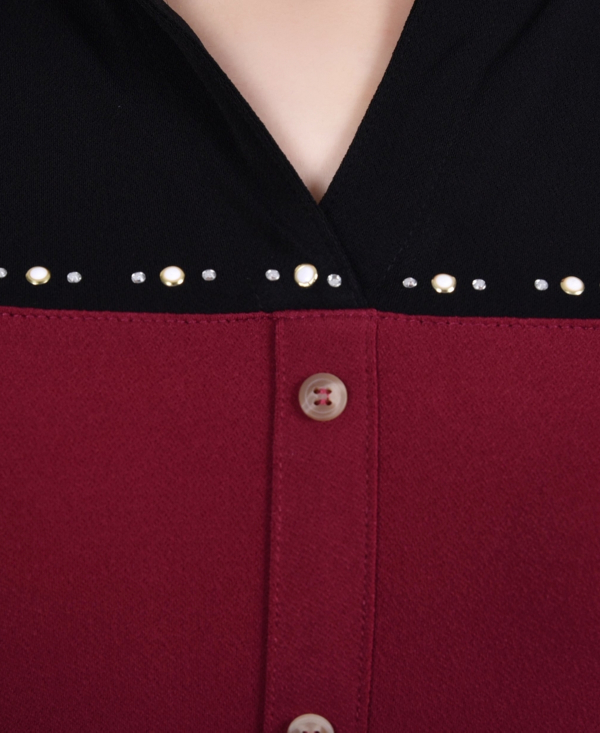Ny Collection Petite Long Sleeve Studded Colorblocked Split Neck Top