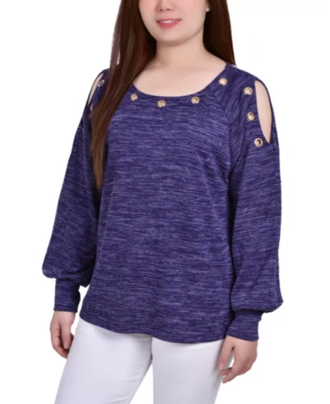 Petite Long Sleeve Shoulder Cutout Tunic Top - Eggplant