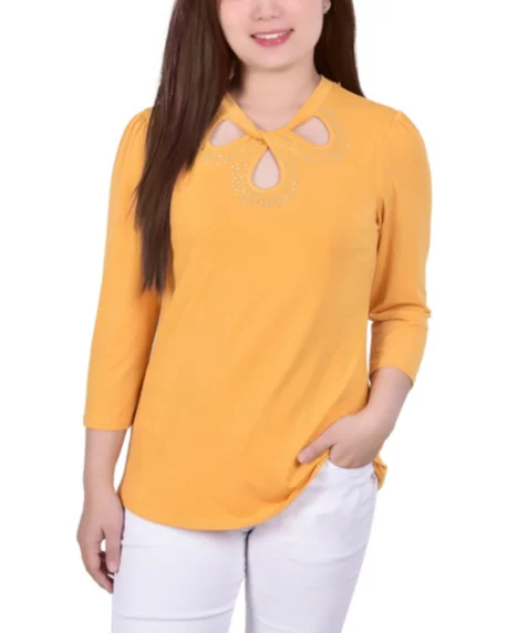 Petite 3/4 Sleeve Knit Crepe Studded Keyhole Top - Golden Glow