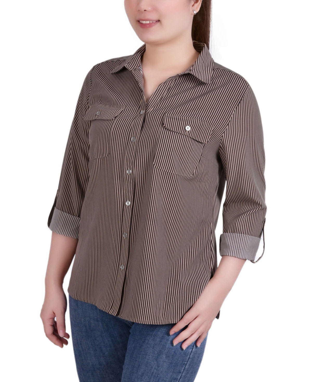 NY COLLECTION PETITE 3/4 SLEEVE ROLL TAB NOTCH COLLAR BLOUSE 