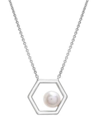 Macy's - Cultured Freshwater Button Pearl (6mm) Hexagon 17" Pendant Necklace in Sterling Silver