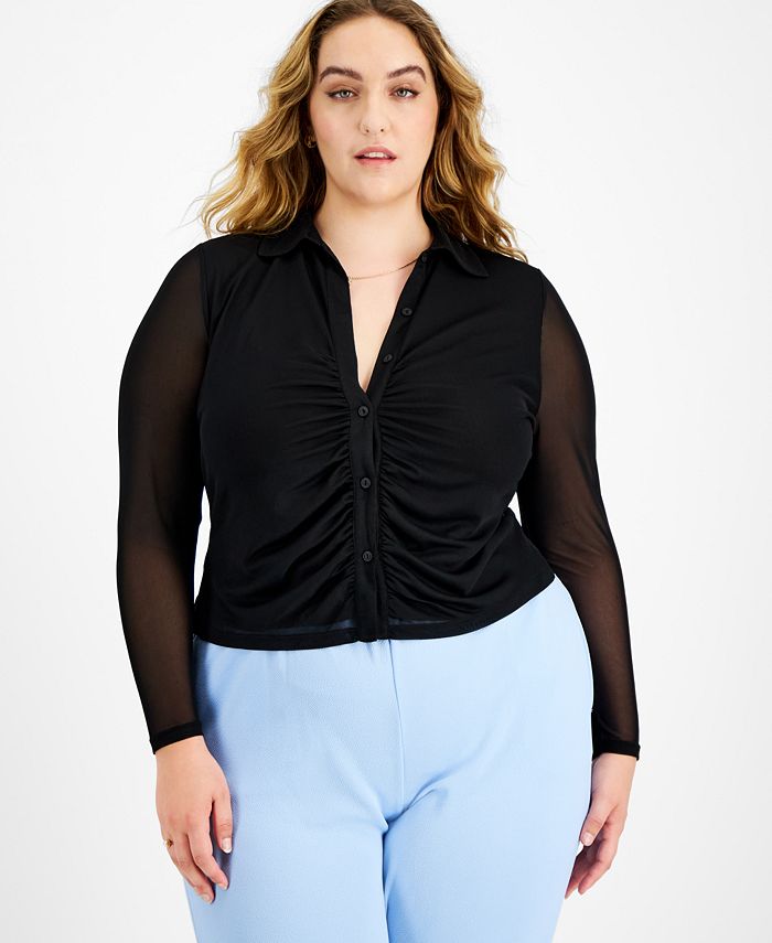 Bar III Trendy Plus Size Gathered-Front Shirt, Created for Macy's - Macy's