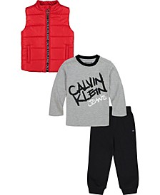 Little Boys Logo-Zip Quilted Vest, T-shirt and Fleece Joggers, 3 Piece Set