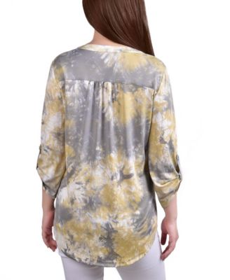 Petite Knit Jacquard 3/4 Sleeve Roll Tab Pintuck Top