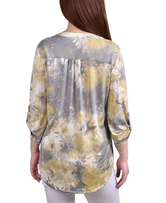 Petite Knit Jacquard 3/4 Sleeve Roll Tab Pintuck Top - thumbnail 2