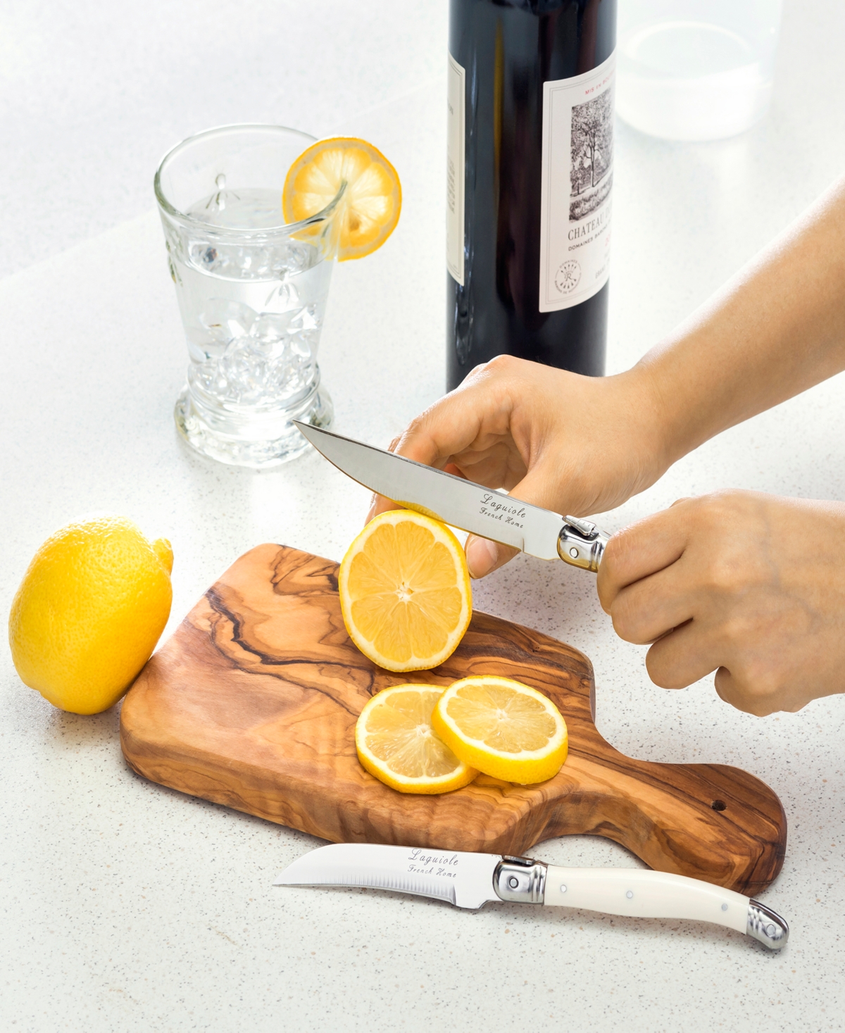 French Home Olive Wood Cutting Board and Set of 2 Laguiole Citrus Knives