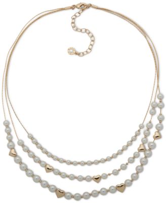 Photo 1 of Anne Klein Gold-Tone Imitation Pearl Multi Row Heart Necklace, 16" + 3" extender