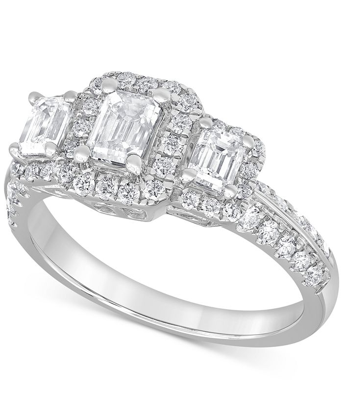 Macy s Diamond Emerald Cut Three Stone Halo Ring 1 1 2 ct. t.w