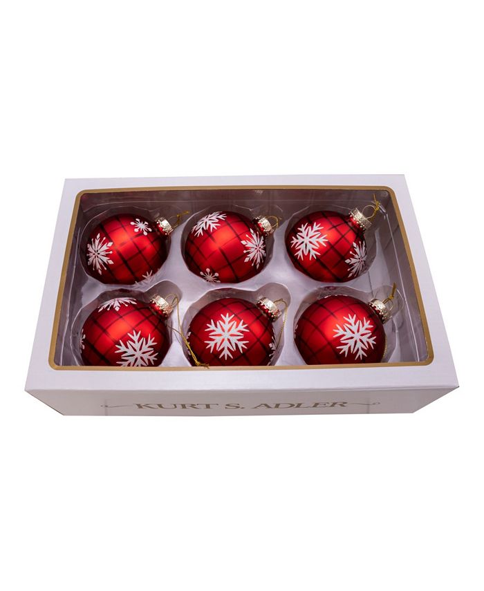 Kurt Adler 80MM Red Plaid with Snowflakes Glass Ball Ornaments, 6 Piece ...