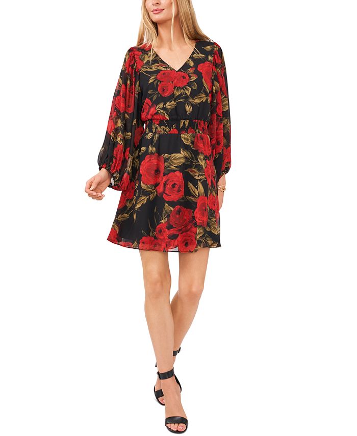 Vince Camuto Floral-Print V-Neck Smocked-Waist Dress - Macy's