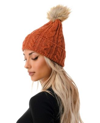 Women's Cable Knit Faux Fur Pom Beanie