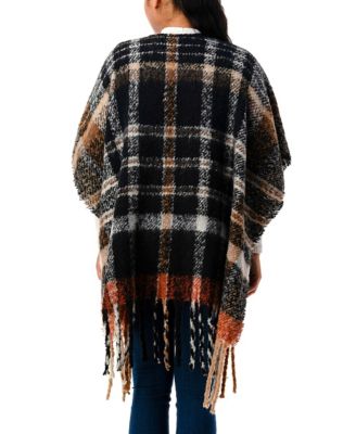 Women's Plaid Cape Sweater with Fringe Detail