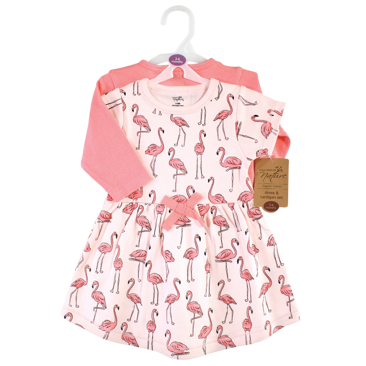 Touched by Nature Toddler Girls Organic Cotton Dress and Cardigan,- Pink flamingo