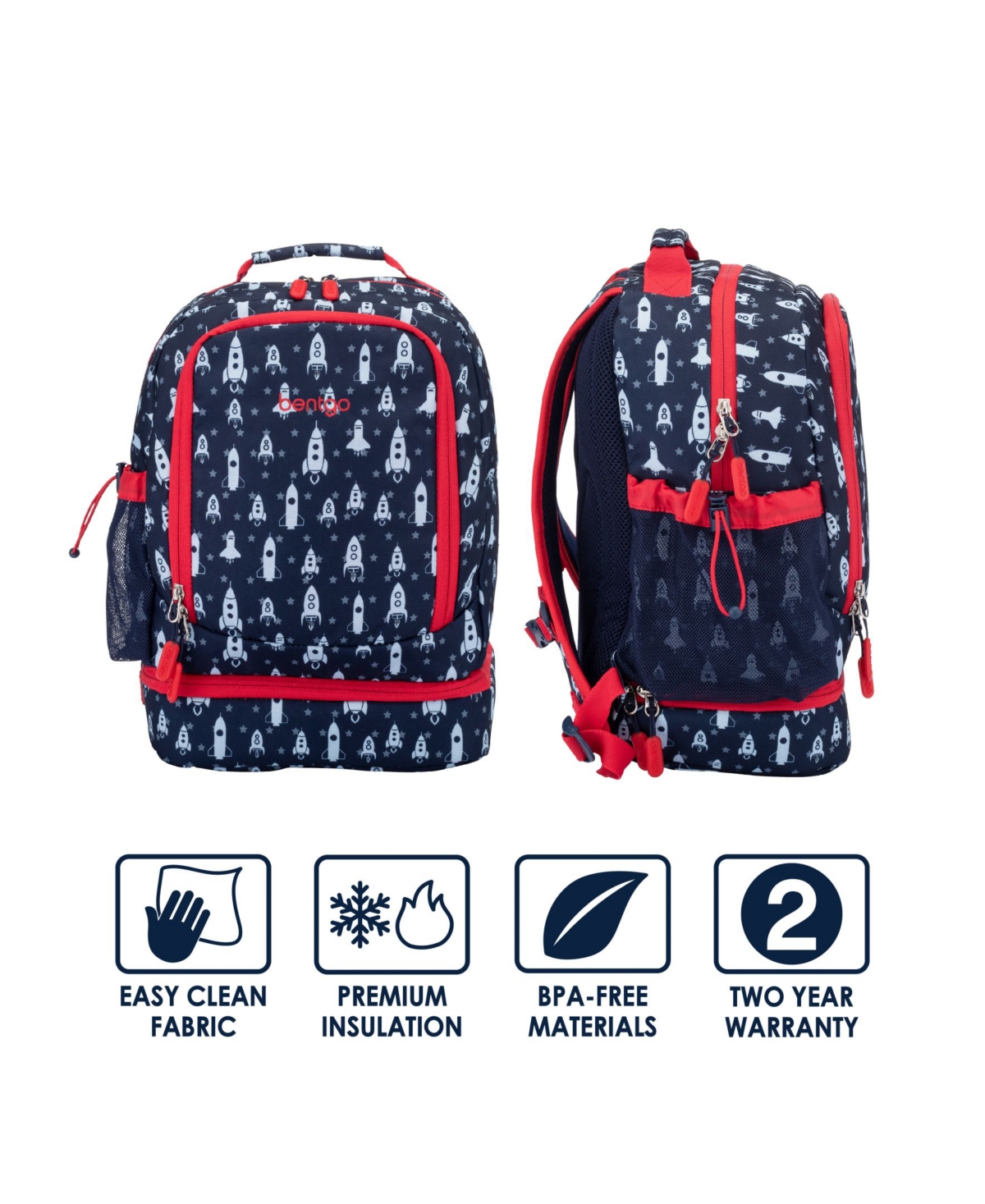 Bentgo Kids Prints 2-In-1 Backpack and Insulated Lunch Bag - Rocket - Blue and red