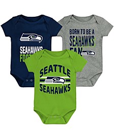 Newborn and Infant Boys and Girls College Navy, Neon Green, Heathered Gray Seattle Seahawks 3Rd Down and Goal Three-Piece Bodysuit Set